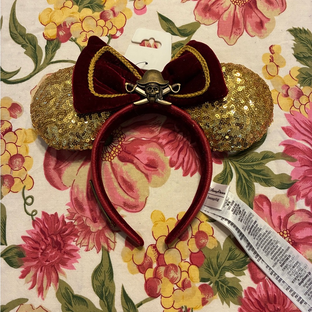 Disney Pirates Gold Sequin Minnie Ears Headband with Red Velvet Bow